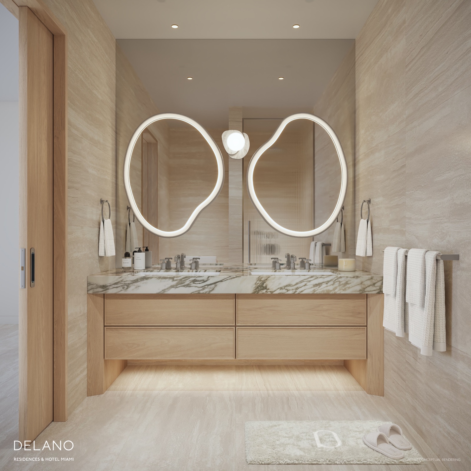 Primary bathroom — custom cabinetry curated by Meyer Davis with Waterworks fixtures.